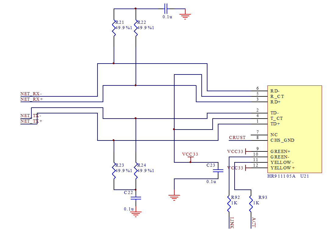 網絡接口部分（RJ45集成網絡變壓器）